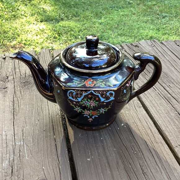 Vintage Japan Brown Ceramic Floral Teapot Hand Painted 6" Hexagon Shape - Picture 1 of 6